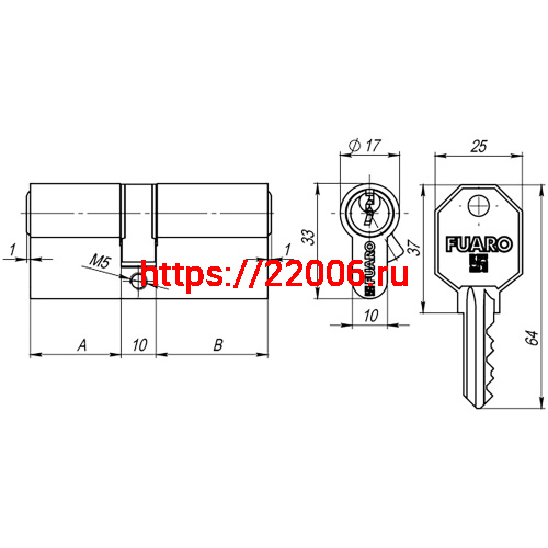 Цилиндровый Fuaro (Фуаро) механизм (100 CA/80) 1000CAKey80(35+10+35) CP хром 5Key фото 2
