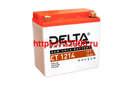 Аккумулятор 12В14Ач DELTA CT1214 (YTX14-BS) (кислотный, герметичный) (прямая полярн) (150*86*148мм) (Yamaha500,1000)
