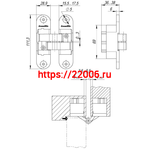 Петля Armadillo (Армадилло) скрытой установки U3D6200L CP левая (Architect 3D-ACH 60) хром 60 кг фото 3