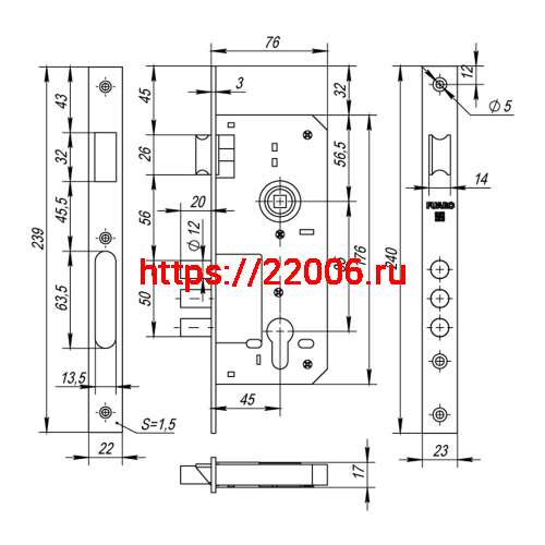 Корпус Fuaro (Фуаро) врезного замка с защёлкой DD900/C-45.85.3MR (900 3MR W/B) PB латунь фото 2