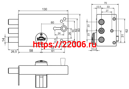 Замок Elbor (Эльбор) накладной Лазурит 1.02.61.МА никель, сув., 2 риг., задвижка-затвор, медный антик /39328/ фото 3