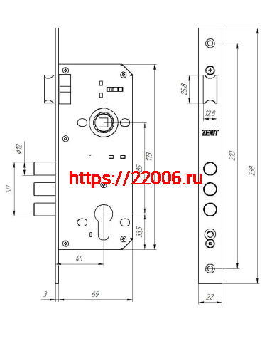 Замок Zenit (Зенит) врезной цилиндровый с защёлкой в комплекте с ручкой ЗВ4-85.3 (золото лак), 5 кл. фото 2