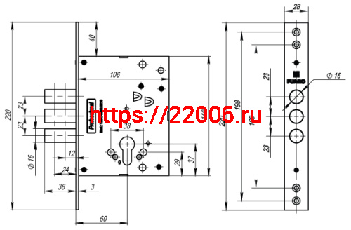 Корпус Fuaro (Фуаро) врезного замка MDV25/C-60.00.3R16 фото 3