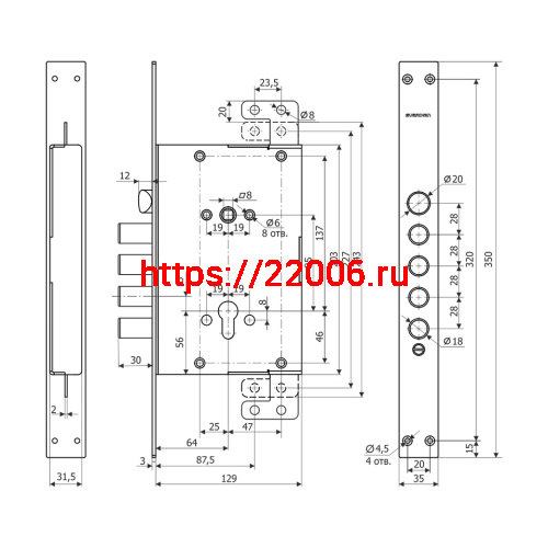 Корпус Guardian (Гардиан) врезного замка с защёлкой ЗВ 72.16 Т с тягами. /128:4140/ фото 2