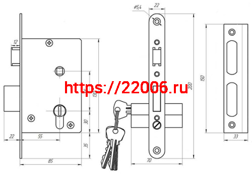 Замок Zenit (Зенит) врезной цилиндровый с защёлкой в комплекте с ручкой ЗВ4-3.03 (медь), 4 кл. фото 2