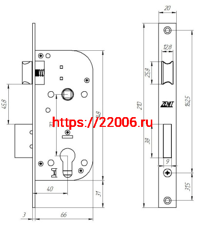Замок Zenit (Зенит) врезной цилиндровый с защёлкой в комплекте с ручкой ЗВ7-70.4-02 (медь), 5 кл. фото 3