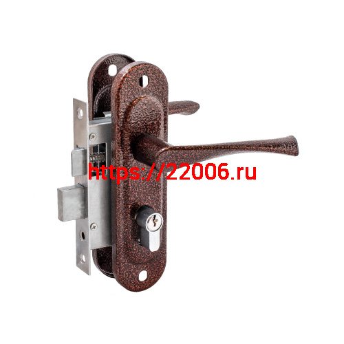 Замок Zenit (Зенит) врезной цилиндровый с защёлкой в комплекте с ручкой ЗВ4-50.01 (медь), 5 кл.