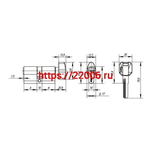 Цилиндровый Punto (Пунто) механизм MaxPro7002Knob70mm(30+10+30) GR графит 7key с вертушкой фото 3