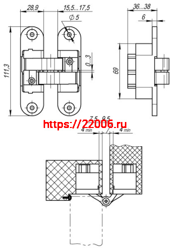 Петля Armadillo (Армадилло) скрытой установки U3D6200L SG левая (Architect 3D-ACH 60) мат. золото 60 кг фото 4
