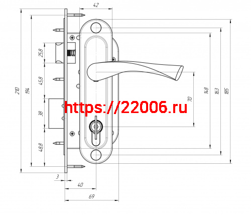 Замок Zenit (Зенит) врезной цилиндровый с защёлкой в комплекте с ручкой ЗВ7-70.4-02 (медь), 5 кл. фото 2