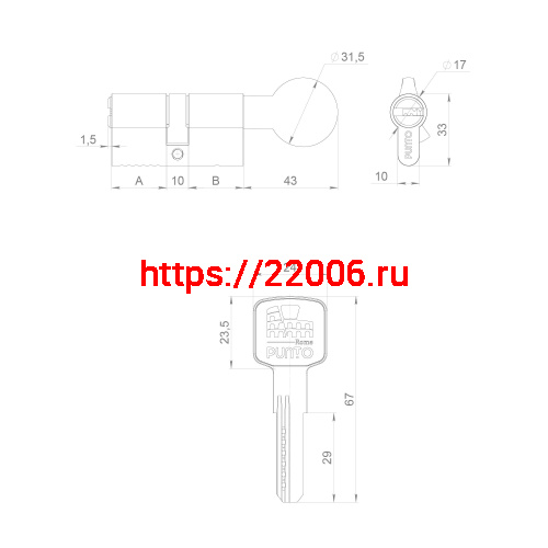 Цилиндровый Punto (Пунто) механизм Z3002Knob100(40+10+50) с вертушкой CP хром фото 3
